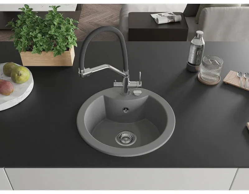 Mexen Diego, 1-komorový granitový drez 488x488x167 mm a drezová batéria Duo, šedá, 6512-71-671701-07