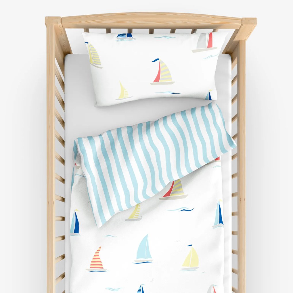 Goldea detské bavlnené obliečky do postieľky - plachetnice s modrými prúžkami 90 x 120 a 40 x 60 cm