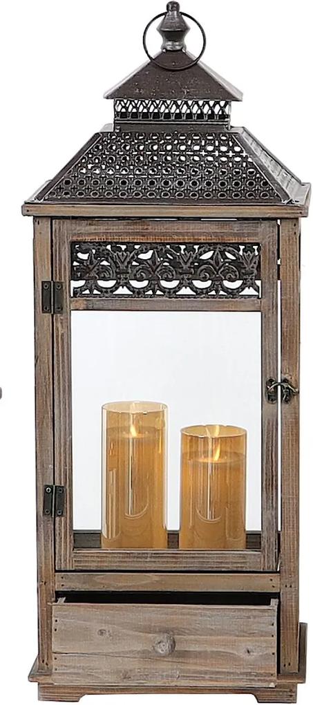 Drevený lampáš čipkovaný so šuflíkom MSL3352 - hnedý (29x24x77 cm) - vidiecky štýl