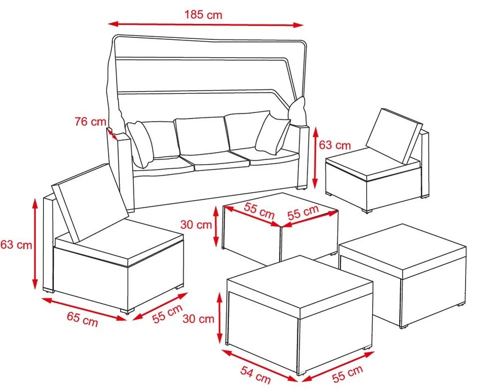 Ratanový sofa set so skladacou strieškou BELVEDERE - Sivá / Sivá