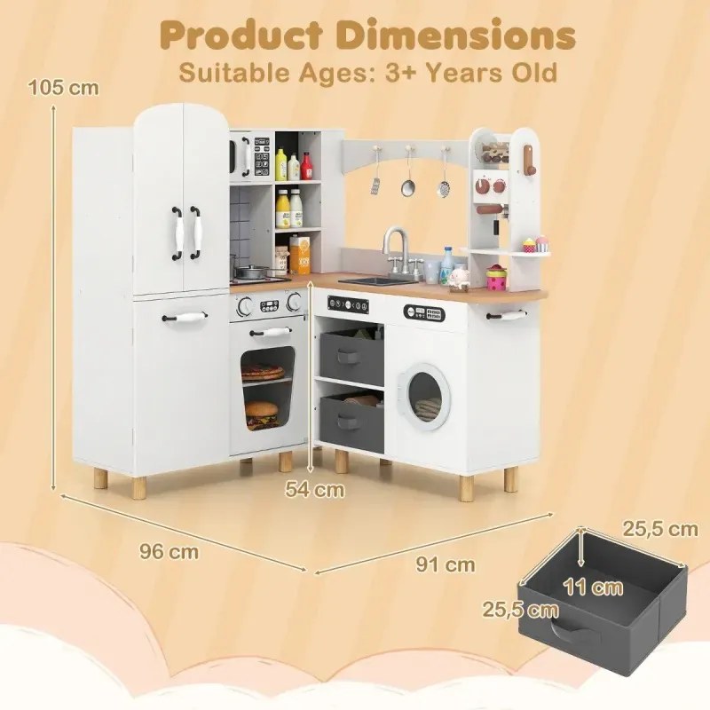 Detský kútik na hranie s dvojdverovou chladničkou a kávovarom a práčkou Drevená kuchyňa biela