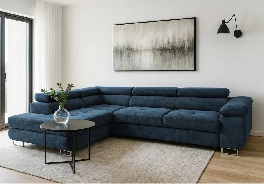 Rozkladacia rohová sedačka Avesta na kovových nožičkách v tmavomodrom šenile ľavá