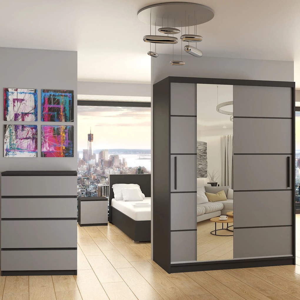 Šatníková skriňa 133 cm Belini čierny mat / šedý mat s posuvnými dverami zrkadlom a zásuvkami  MBP SZP6/1/B/SR/0/KLP