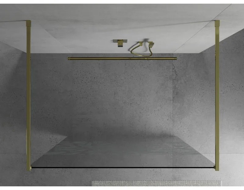 Mexen Kioto, priechodná sprchová zástena 130 x 200 cm, 8mm sklo číre/biely vzor, 2x zlatá stabilizačná rozpera, 800-130-002-50-85