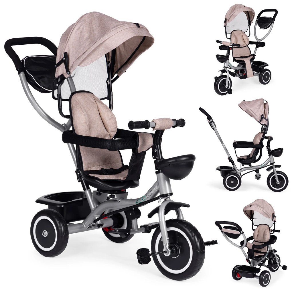 ECOTOYS Trojkolka 2v1 s otočným sedadlom + sklopná strieška - béžová