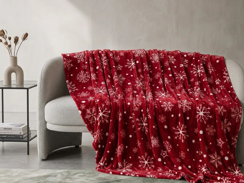Červená vianočná mikroplyšová baránková deka SNOWFALL Rozmer: 200 x 220 cm