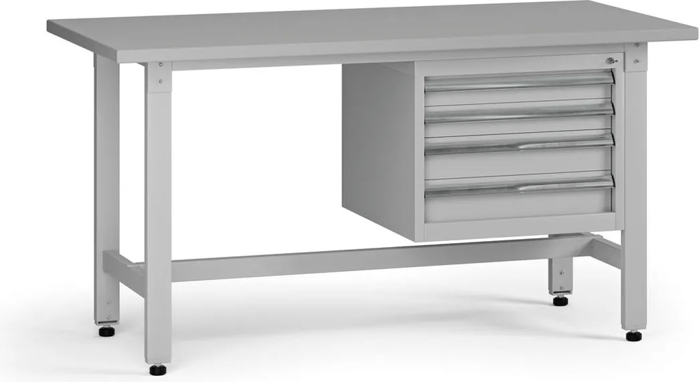 Výškovo nastaviteľný dielenský stôl G5, 1500 x 750 x 800-1000 mm, 1x kontajner, 4 zásuvky, sivá
