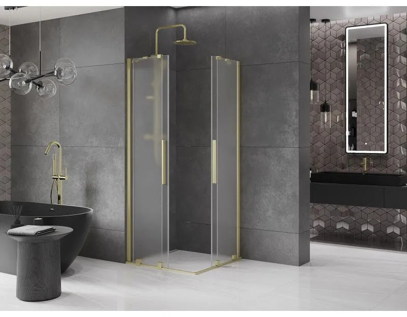 Mexen Velar Duo, sprchový kút s posuvnými dverami 90 x 90 cm, 8mm sklo námraza, zlatá matná, 871-090-090-32-55