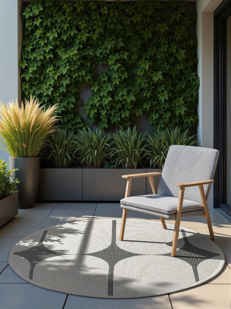 NORTHRUGS, Kusový koberec Duet Bowen 106244 Black/White kruh - na von aj na doma, 160x160 (priemer) kruh, čiernobiela, chodba / predsieň