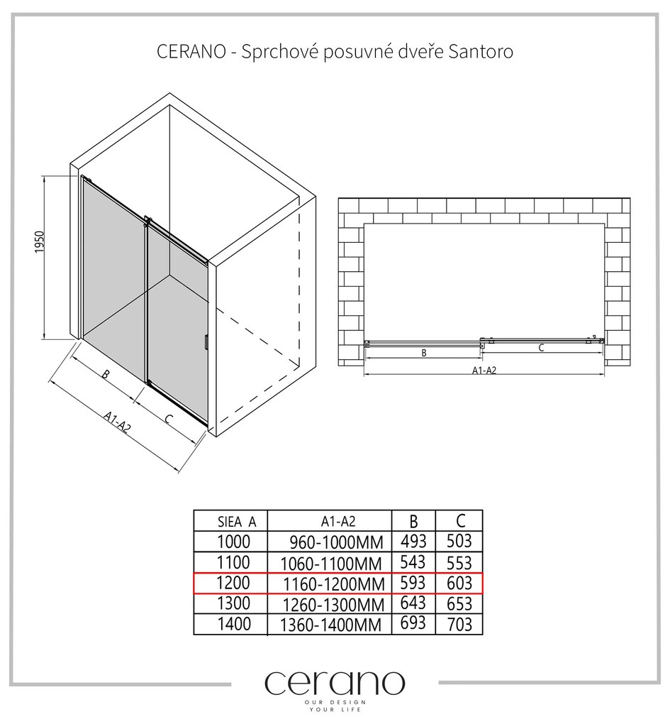 Cerano Santoro, sprchové posuvné dvere 120x195 cm, 6mm číre sklo, chrómový profil, CER-CER-424936