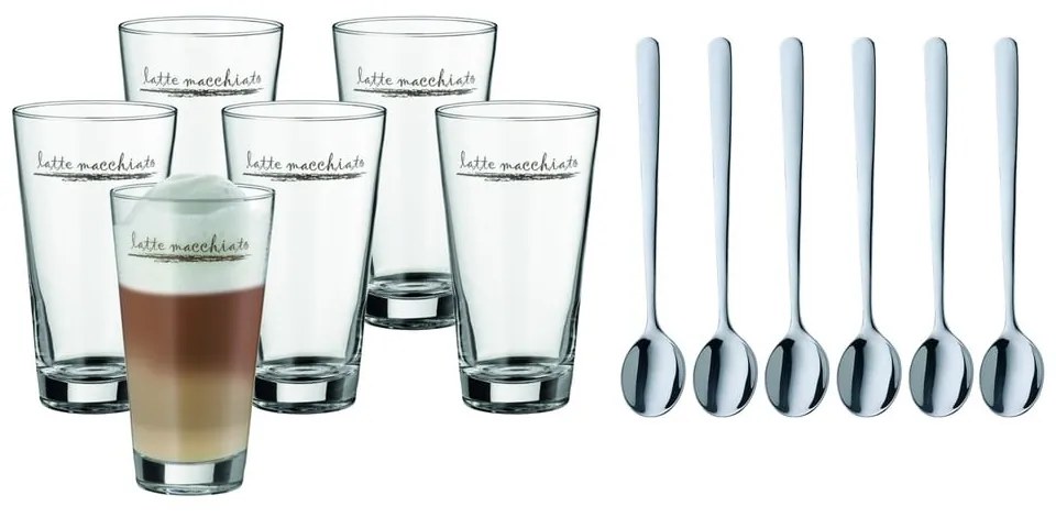 Sklenené hrnčeky s lyžičkami v striebornej farbe v súprave 6 ks 280 ml - WMF