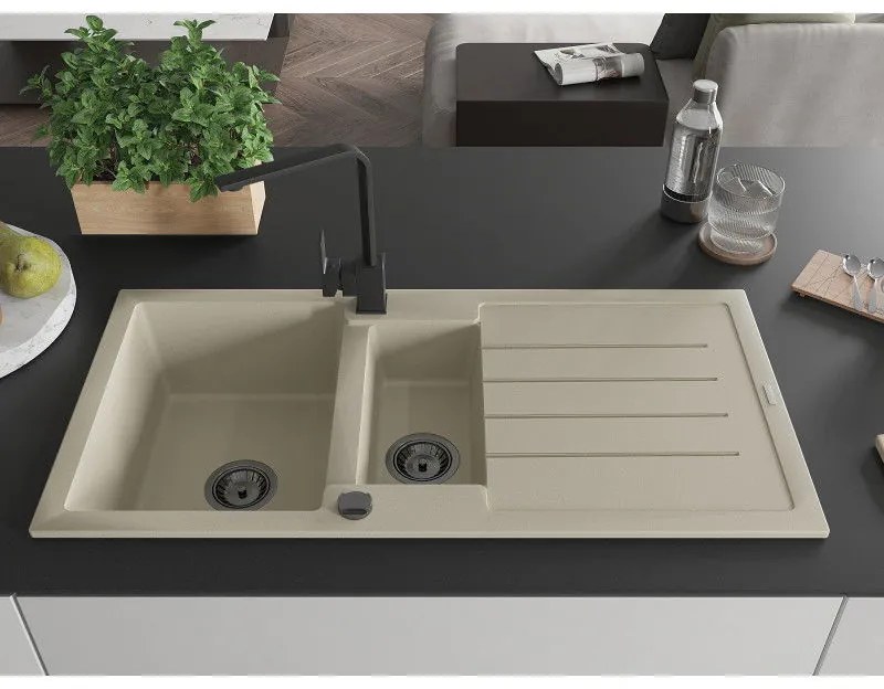 Mexen Andres, granitový drez 1000x500x200 mm, 1,5-komorový, béžová s čiernym sifónom a čierna drezová batéria Rita, 6515-69-670300-70