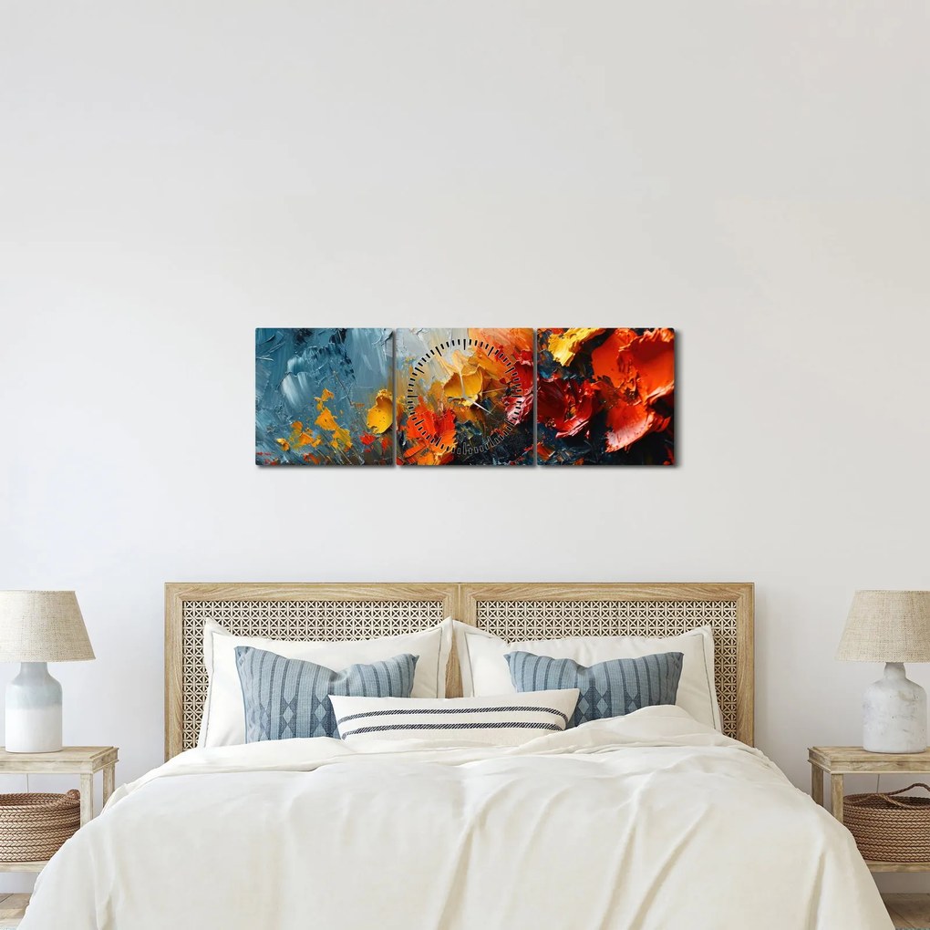 Obraz - Abstraktná maľba kvetov III. (s hodinami) (90x30 cm)