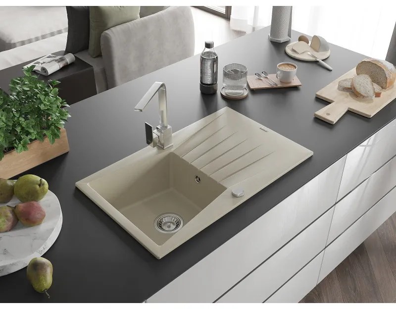 Mexen Cesar, granitový drez 775x470x190 mm, 1-komorový, béžová s chrómovým sifónom a chrómová drezová batéria Rita, 6514-69-670300-00