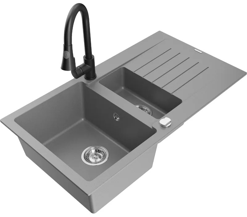 Mexen Matias, 1,5-komorový granitový drez 900x505x200 mm a drezová batéria Elia, šedá, 6502-71-670101-70