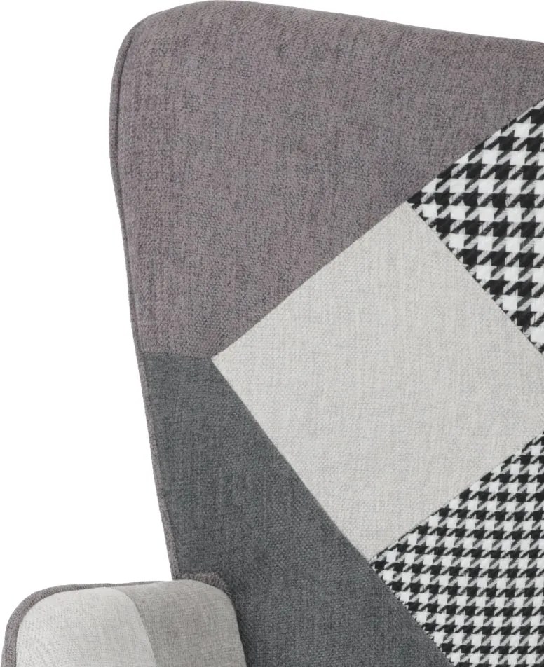 Relaxačné kreslo ušiak LISA + taburet — masív, látka, čiernobiely patchwork