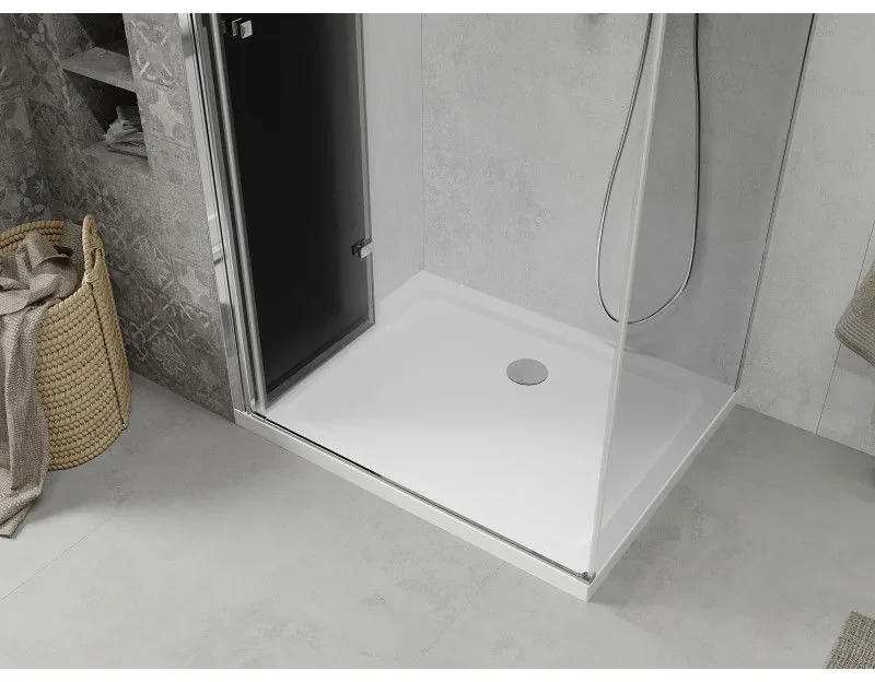 Mexen Lima, sprchový kút so skladacími dverami 90 (dvere) x 70 (stena) cm, 6mm šedé sklo, chrómový profil + slim sprchová vanička biela + chrómový sifón, 856-090-070-01-40-4010