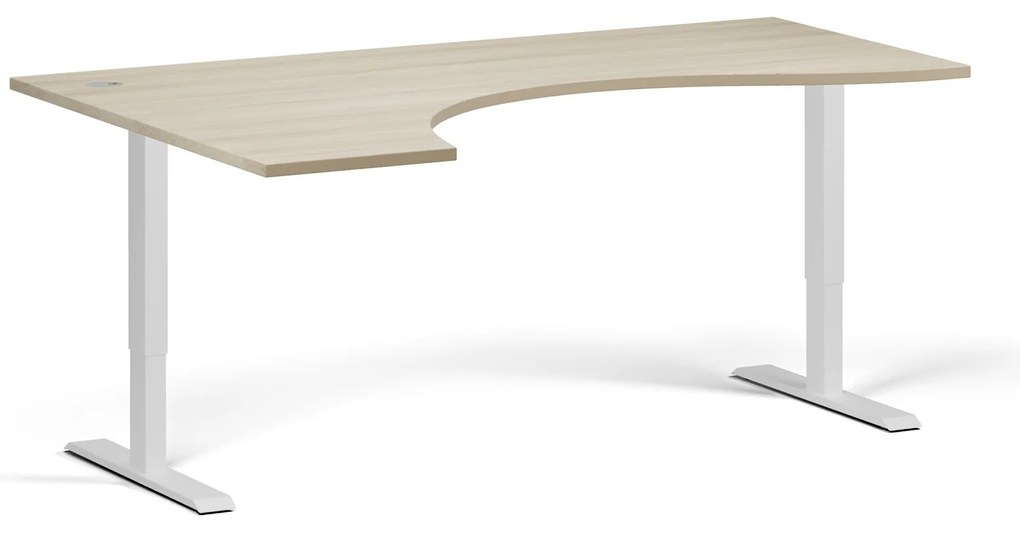 Ergonomický výškovo nastaviteľný stôl, 180x120 cm, 2 motory, L/P, biela podnož, dub prírodný