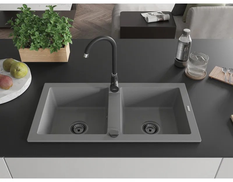 Mexen Mario, 2-komorový granitový drez 820x436x161 mm a čierna drezová batéria Telma, šedá, 6504-71-670200-70-B