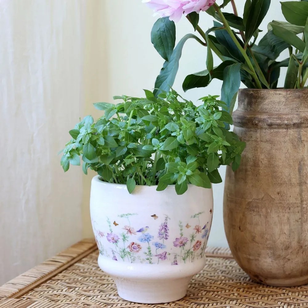 Krémový antik keramický kvetináč s kvetmi Papillon Blossom - Ø 15*14 cm