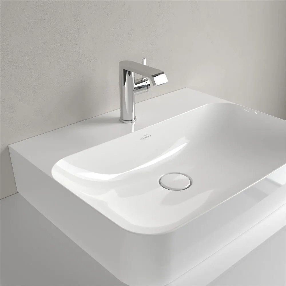 VILLEROY &amp; BOCH Finion závesné umývadlo s otvorom (spodná strana brúsená), so skrytým prepadom, 600 x 470 mm, biela alpská, s povrchom CeramicPlus, 41686CR1