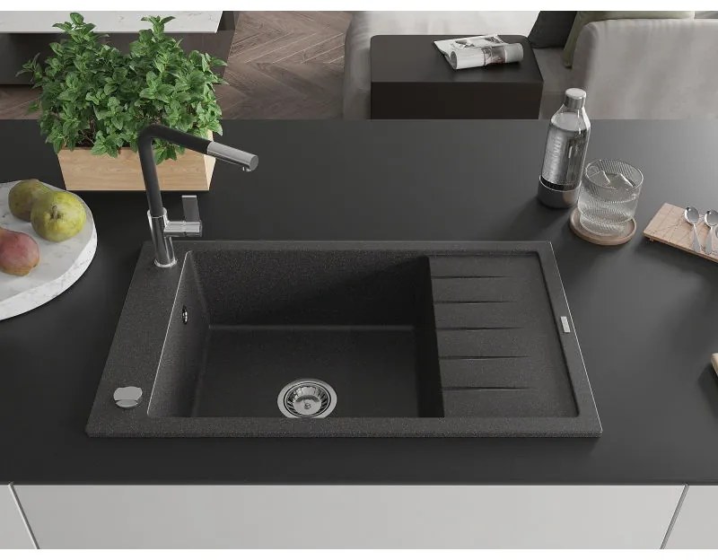 Mexen Elias, 1-komorový granitový drez 795x480x200 mm a drezová batéria Flora, čierna škvrnitá, 6511-76-670401-07
