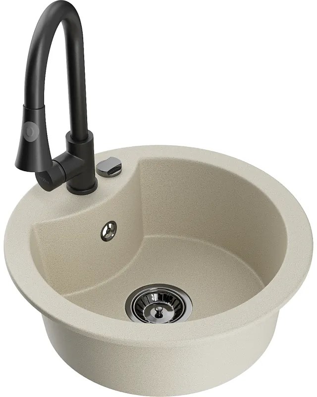 Mexen Diego, 1-komorový granitový drez 488x488x167 mm a drezová batéria Elia, béžová, 6512-69-670101-70