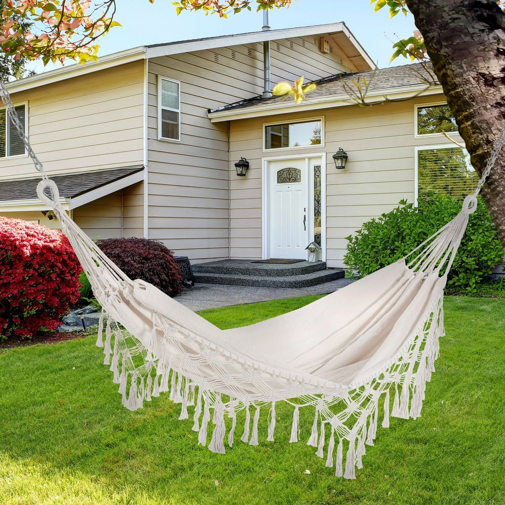 Outsunny Prenosná Bohemian Chic Cestovná Hojdačka Textilné rozmery 2,88L x 1,5W m Bavlna Polyester Béžová | Aosom
