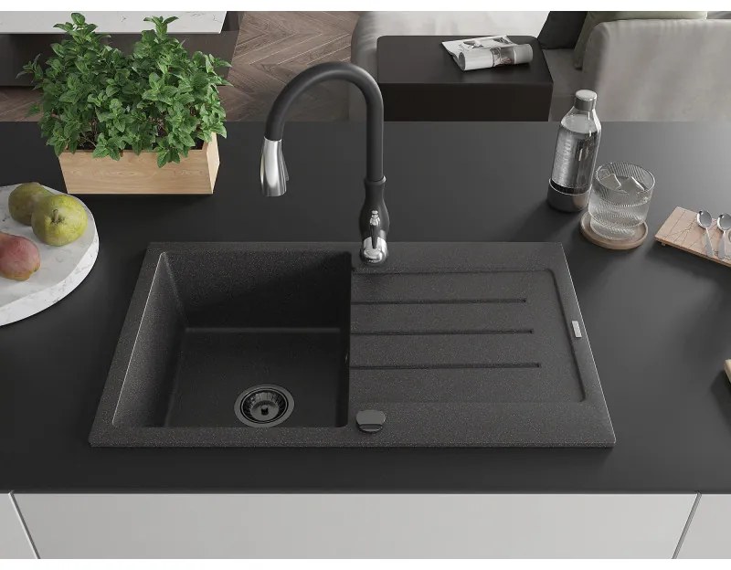 Mexen Bruno, 1-komorový granitový drez 795x495x200 mm a drezová batéria Savita, čierna škvrtnitá, 6513-76-672601-70-B