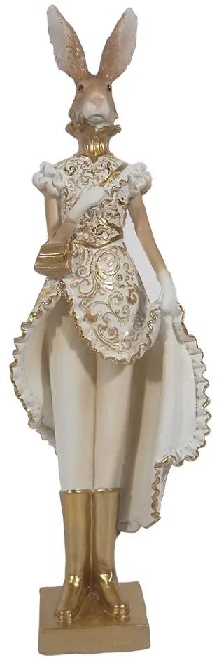 Bielo-zlatá dekorácia zajačia dáma s kabelkou - 11*8*33 cm