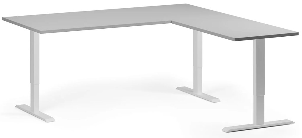 Výškovo nastaviteľný stôl, 180x180 cm, 3 motory, L/P, biela podnož, sivá