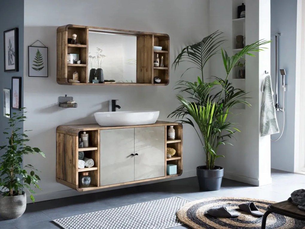 furniture-nabytek.cz - Masivní sestava koupelnového nábytku Dingle III z recyklované borovice a MDF, lakovaná, přírodní a šedá
