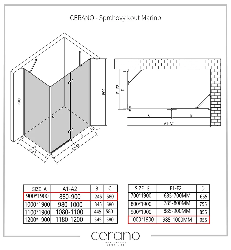 Cerano Marino, sprchovací kút 90(dvere) x 100(stena) x 190 cm, 6mm číre sklo, chrómový profil, CER-CER-422769