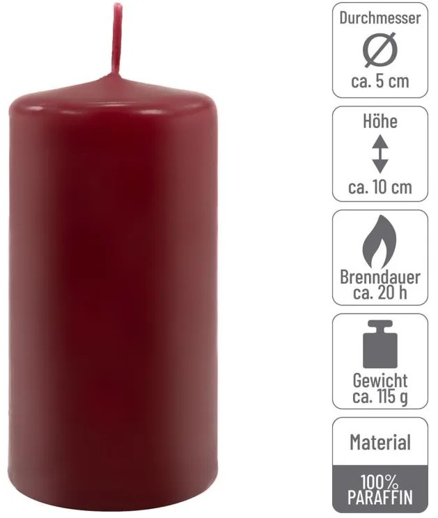 Sada stĺpových sviečok, 10 cm, Ø 5 cm, vínová, 8 ks