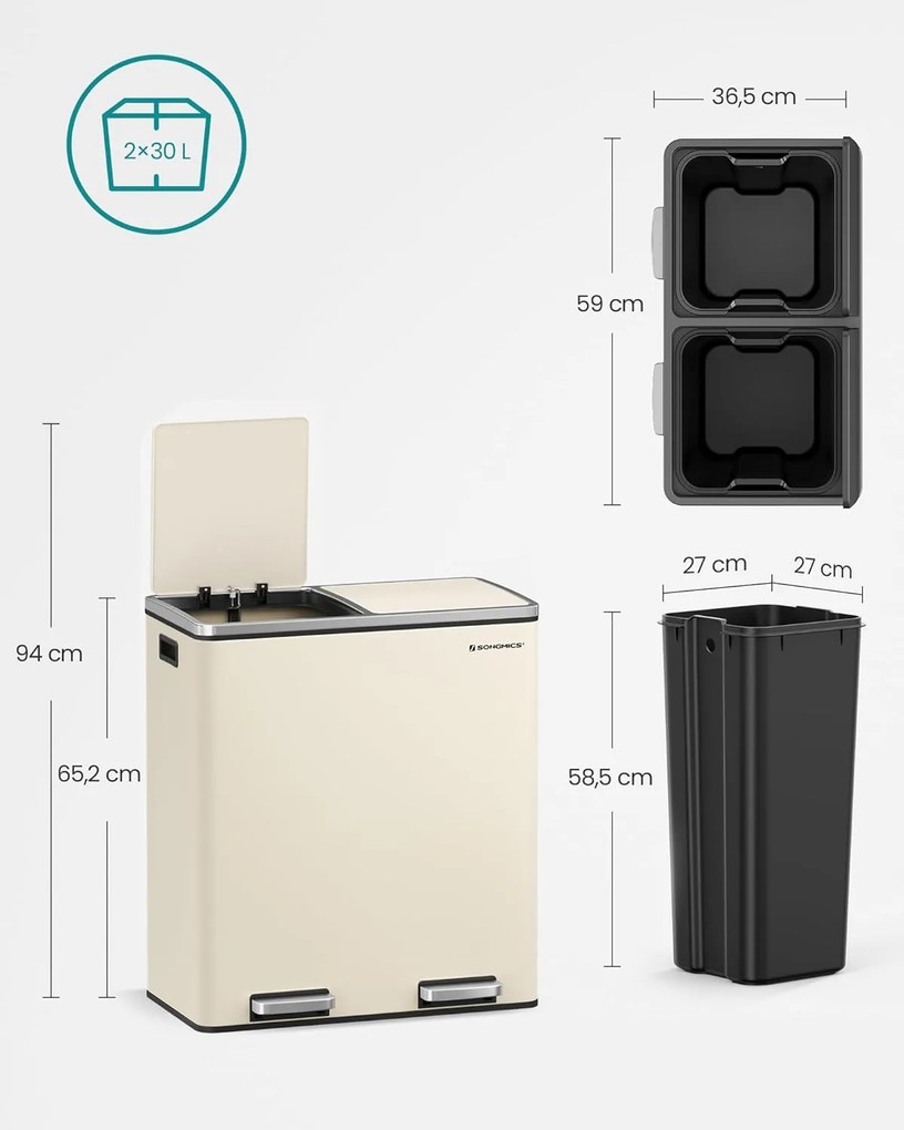 Odpadkový koš s víkem JORDAN 2x30 l krémový