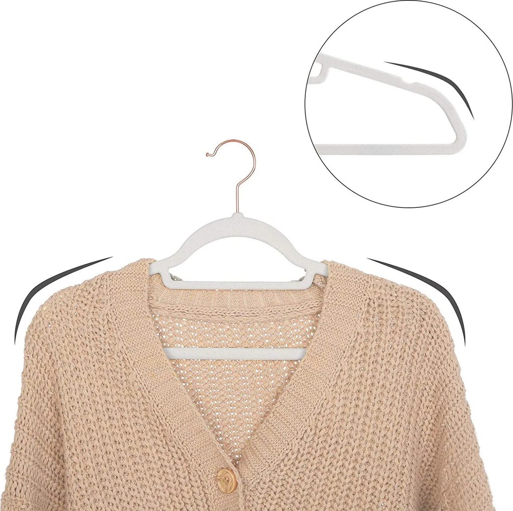 Zamatové vešiaky, protišmykové, 50 ks, biele