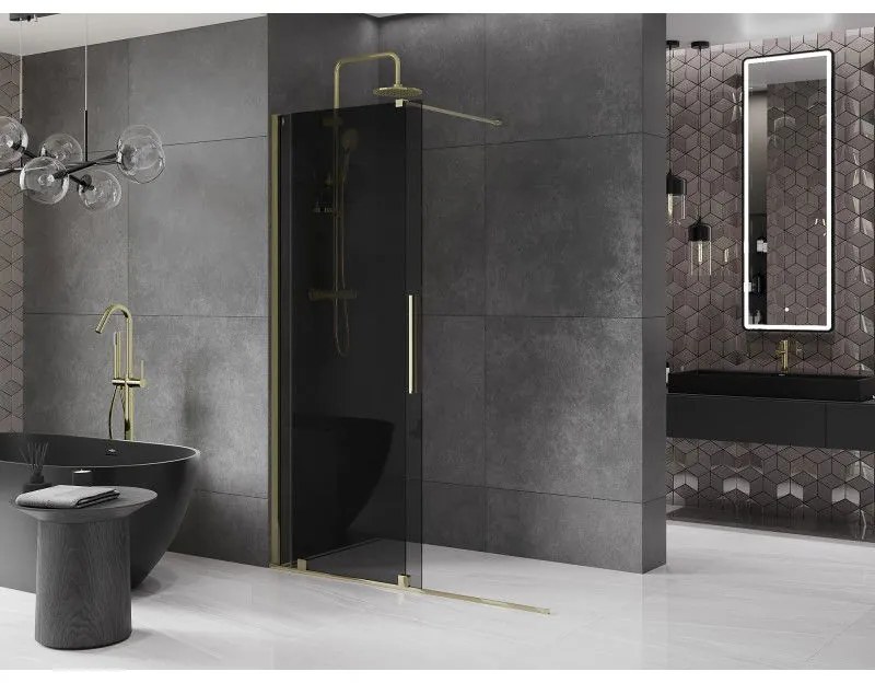 Mexen Velar, sprchová zástena s posuvnými dverami Walk-in 150 x 200 cm, 8mm šedé sklo, zlatá lesklá, 871-150-000-43-50