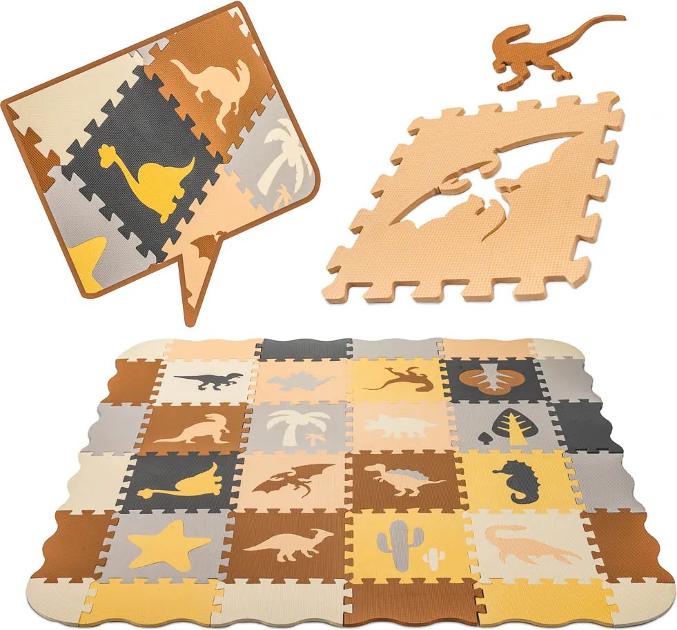 KIK Penová puzzle podložka a ohrádka pre deti, dinosaury, hnedá, 143 x 143 cm