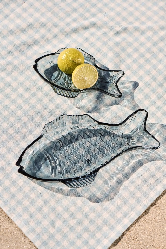 Ib Laursen Sklenený tanierik v tvare ryby Dark Blue Small