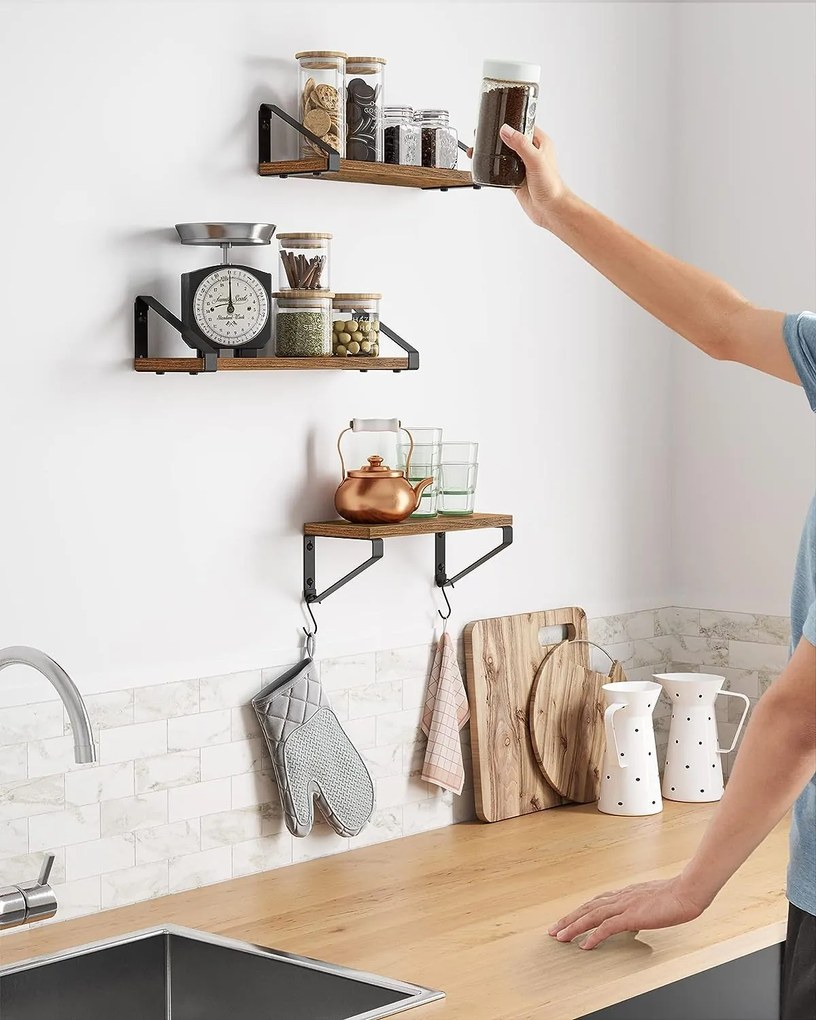 Nástenné konzolové police ABBY, 3ks, 30/35/40x12cm, čierna/hnedá Vasagle