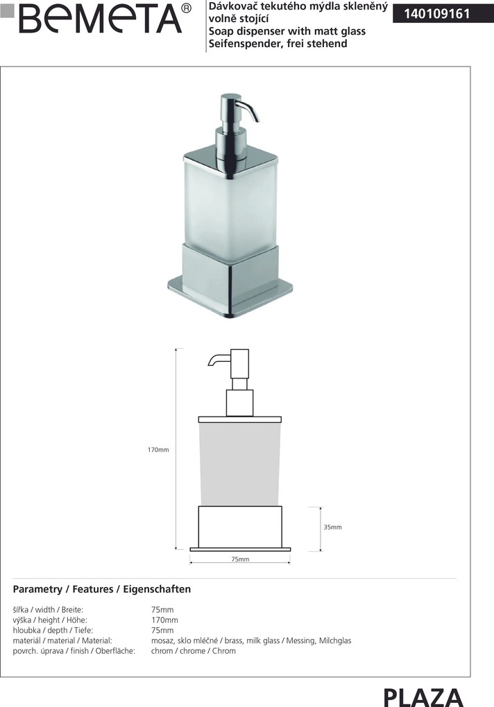 Bemeta Design BETA: Dávkovač mydla, 200 ml, na postavenie - 140109161