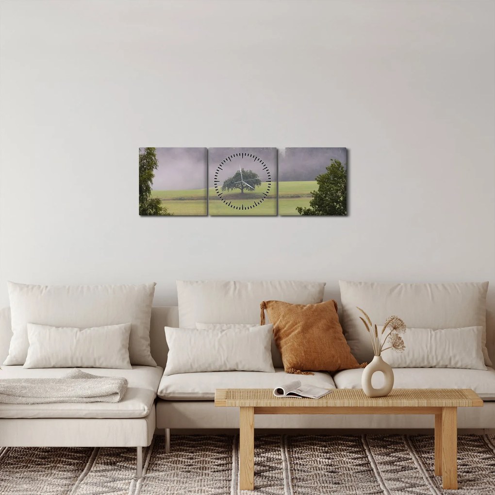 Obraz lúky so stromom (s hodinami) (90x30 cm)