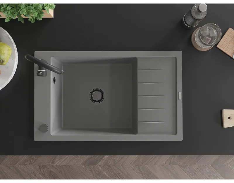Mexen Elias, 1-komorový granitový drez s odkvapkávačom 795x480x200 mm a čierna matná kuchynská batéria Telma, šedá, 6511-71-670200-70-B
