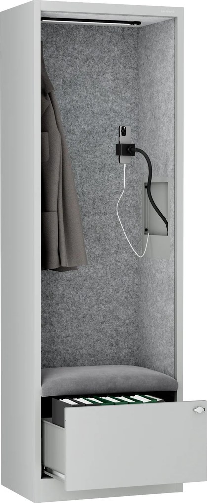 Kancelárska akustická kabína so sedadlom a portom USB-C, telo v sivý / sedák sivá v zelenej farbe, 600 mm: SALLY MentalBox