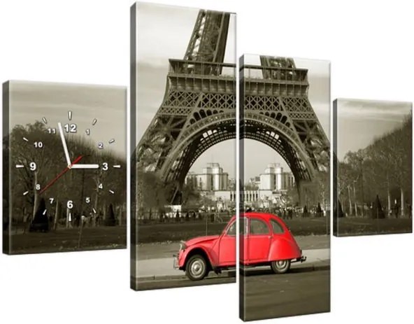 Obraz s hodinami Červené auto pred Eiffelovou vežou v Paríži 120x80cm ZP3533A_4E
