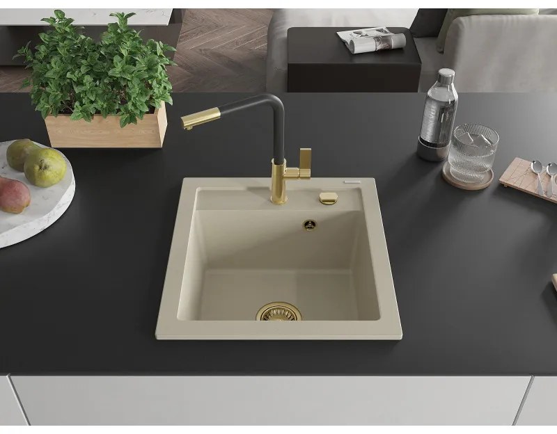 Mexen Vito, 1-komorový granitový drez 490x520x210 mm a drezová batéria Flora, béžová, 6503-69-670401-57-G