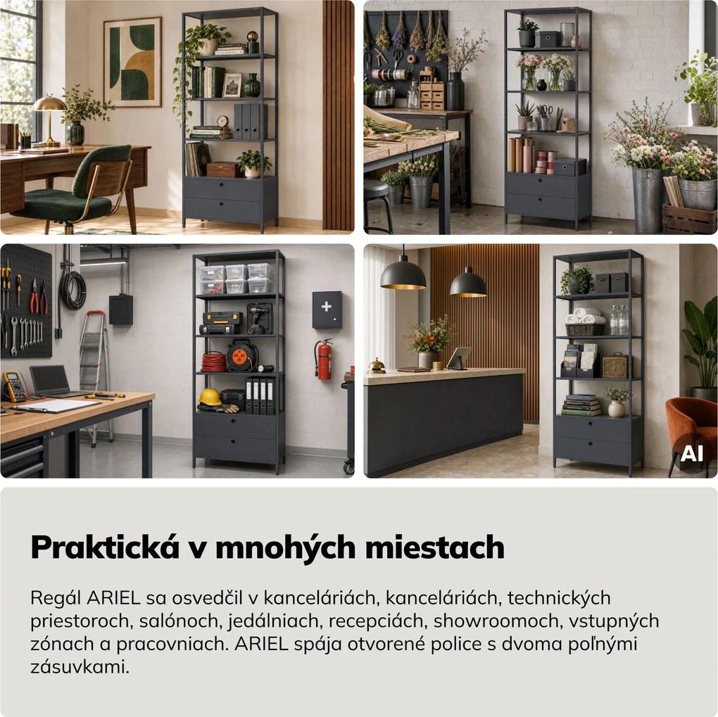 Regál so zásuvkami do kancelárie, na zakladače a dokumenty, otvorené police, kovový, antracitový, 800x2200x400 mm: ARIEL