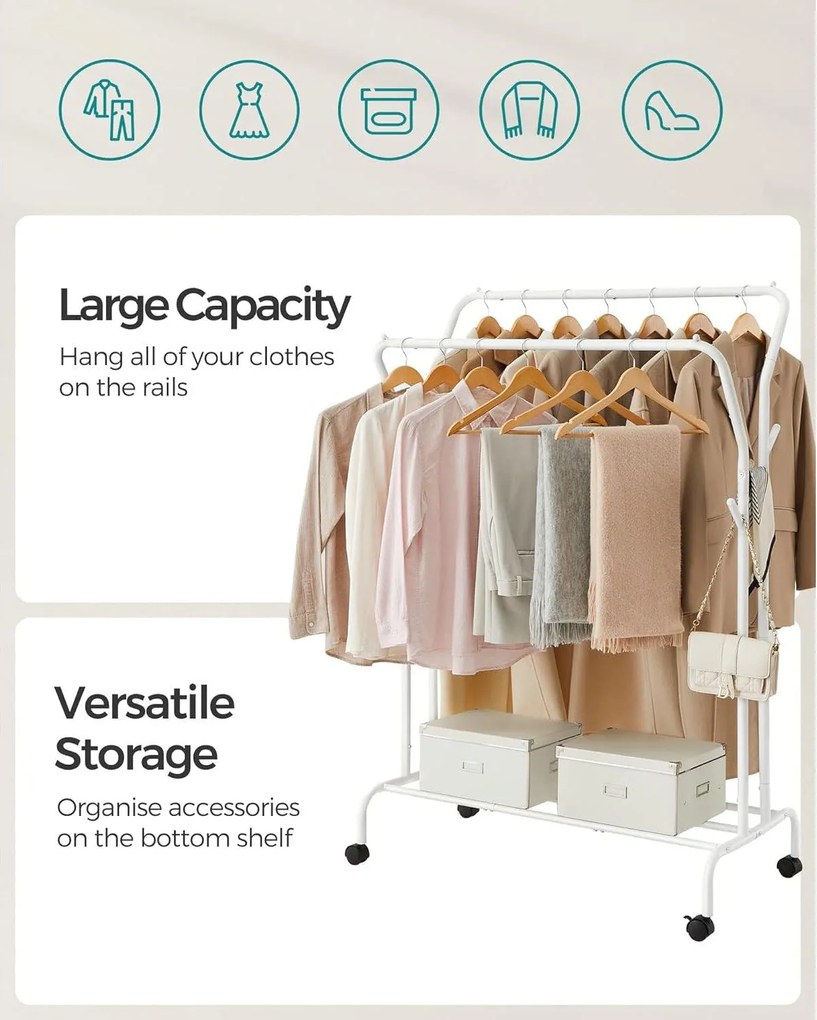 Stojan na šaty, dvojitá tyč, kovový, s policou, biely