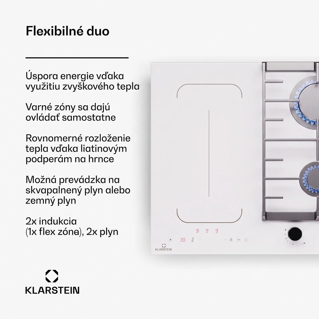 Klarstein MultiChef 4, indukčná a plynová varná doska, 4 varné zóny, 2 plynové horáky, 2 indukčné varné dosky, FlexZone