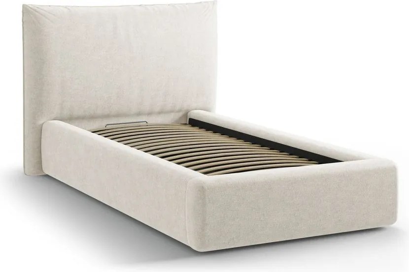 Krémová čalúnená jednolôžková posteľ s úložným priestorom s roštom 90x200 cm Kaelle – Micadoni
